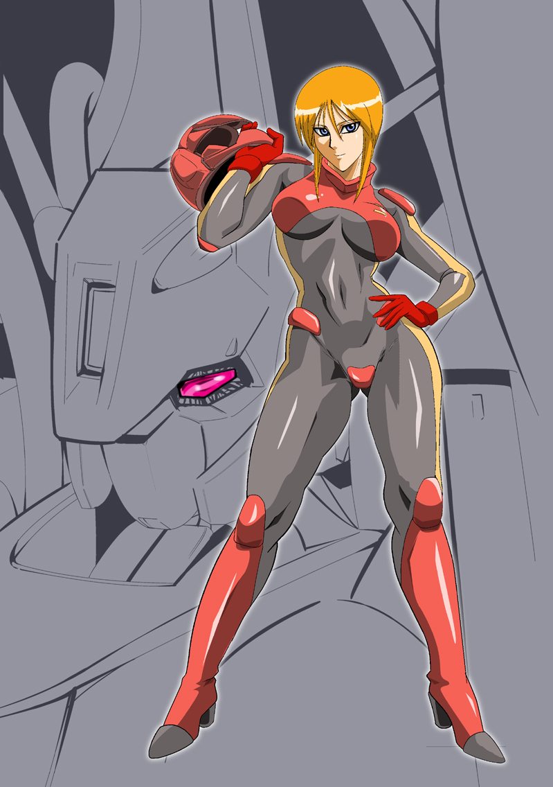blonde_hair, blue_eyes, bodysuit, breasts, gundam, gundam_zz, hand_on_hip, headwear_removed