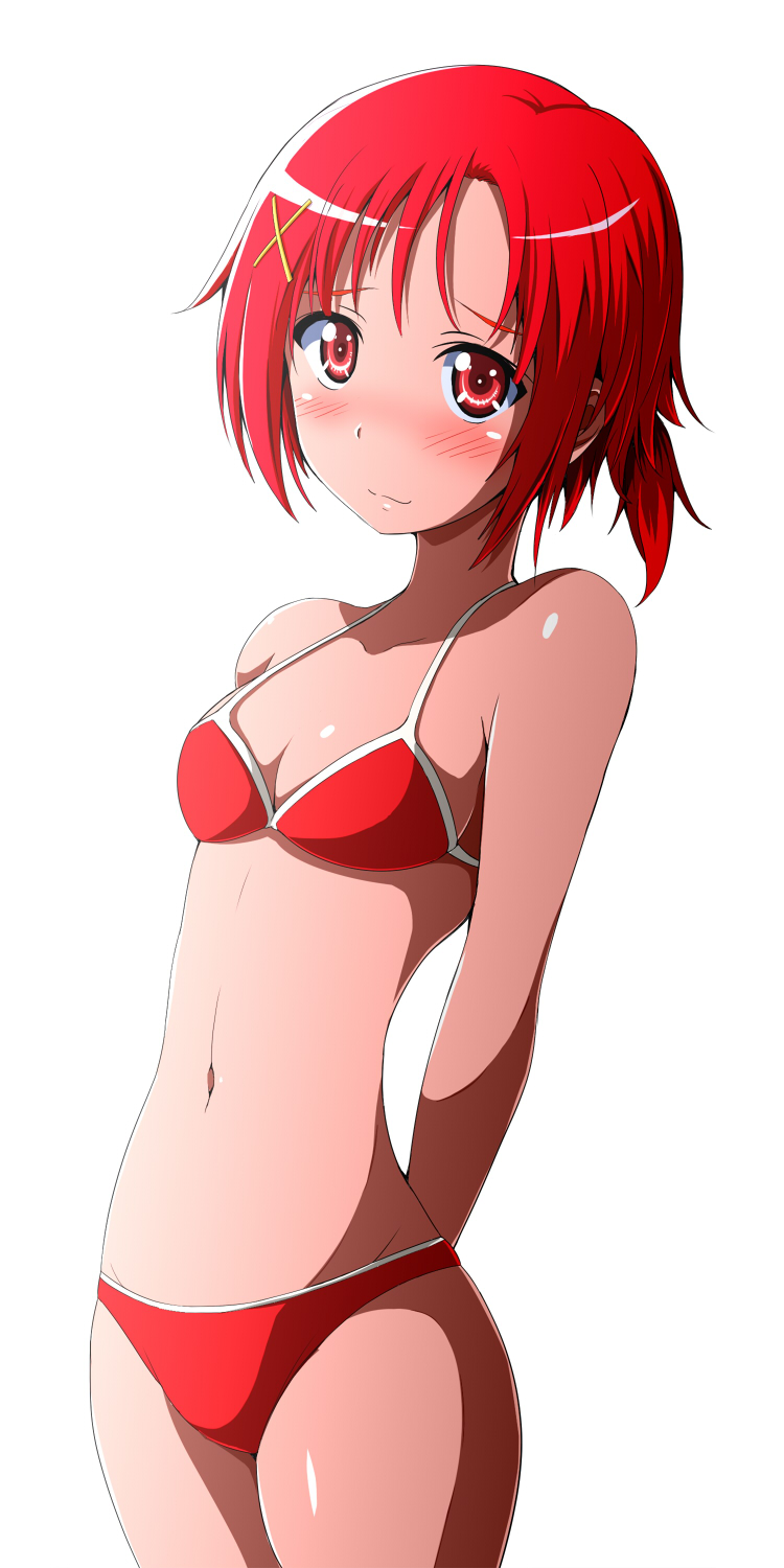 1girl, bikini, blush, hair_ornament, highres, hino_akane, kayama_kenji, navel