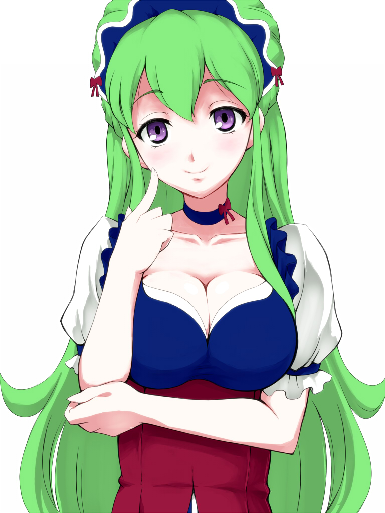 1boy, cheek_poke, cheek_press, choker, cleavage, dress, green_hair, headdress
