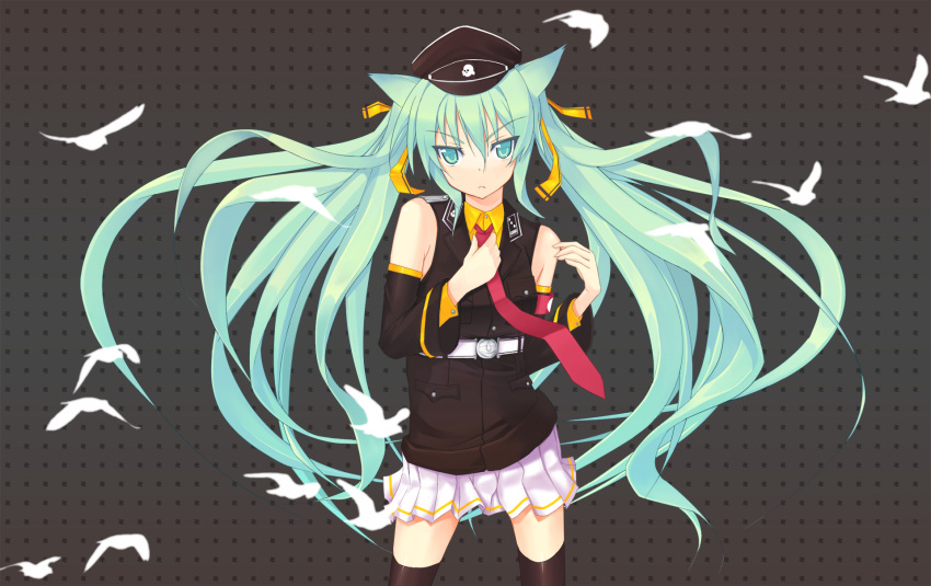 adjusting_tie, animal_ears, bird, detached_sleeves, green_eyes, green_hair, hat, hatsune_miku