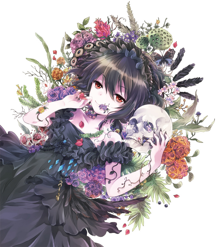 b.a.d., bare_shoulders, black_dress, black_hair, bonnet, breasts, collarbone, dress