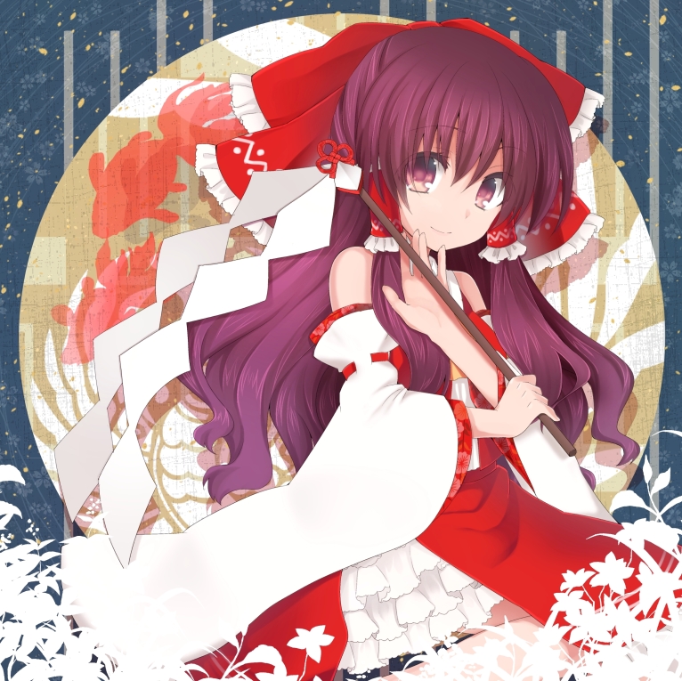 alternate_eye_color, alternate_hair_color, asa_(coco), bow, detached_sleeves, gohei, hair_bow, hair_tubes