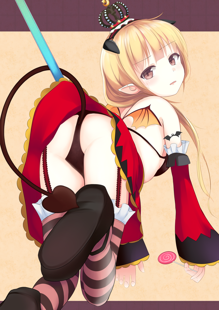 brown_eyes, candy, crown, demon_tail, detached_sleeves, futaba_anzu, garter_straps, idolmaster