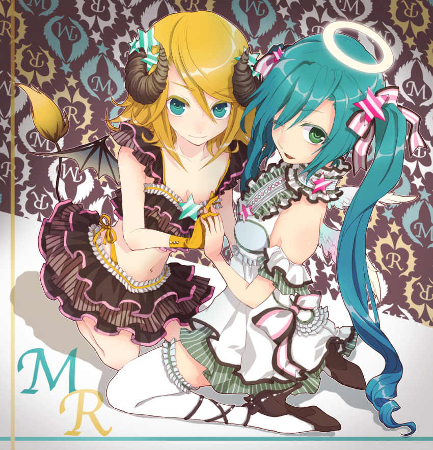 bat_wings, blonde_hair, blue_eyes, blue_hair, breasts, cleavage, demon_tail, green_eyes