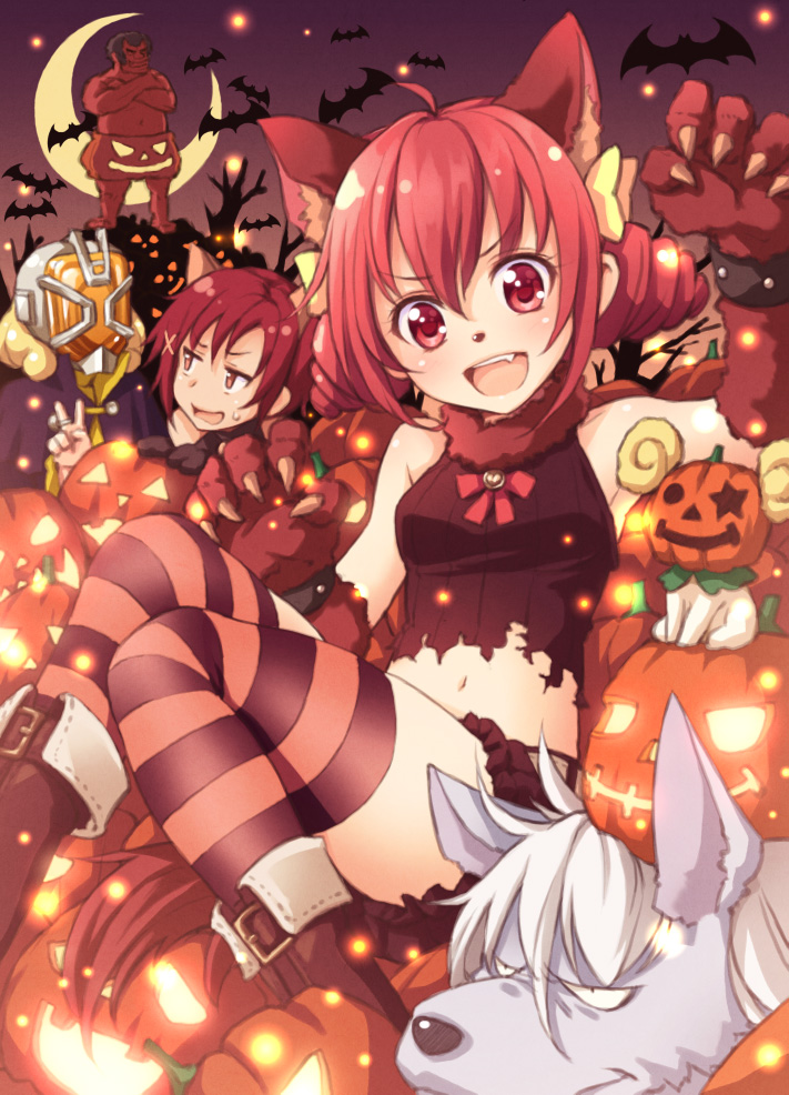 2boys, 3girls, :d, akaooni, animal_ears, bat, blush, boots