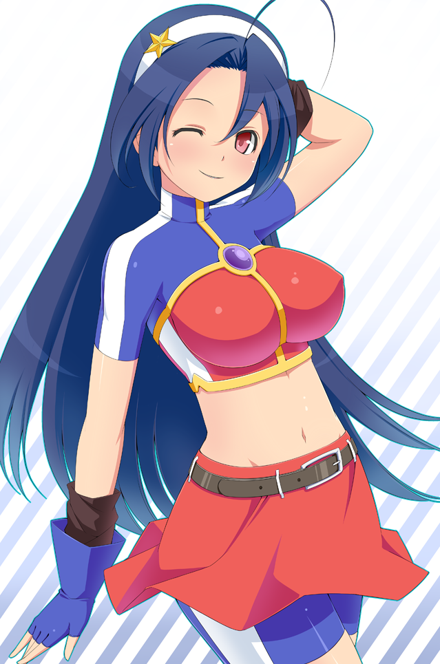 1girl, ahoge, asamiya_athena, asamiya_athena_(cosplay), belt, bike_shorts, blue_gloves, blue_hair, blush, breasts, closed_mouth, cosplay, crop_top, erect_nipples, fingerless_gloves, gloves, hairband, hand_behind_head, idolmaster, king_of_fighters, large_breasts, long_hair, midriff, miura_azusa, navel, one_eye_closed, red_eyes, red_skirt, short_sleeves, shorts, shorts_under_skirt, shougi_(116), skirt, smile, solo, taut_shirt, white_hairband