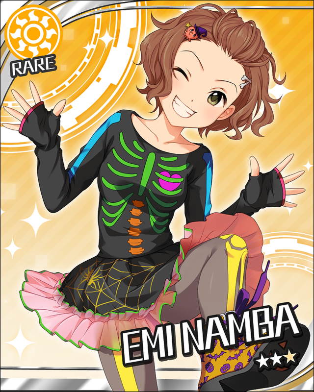 brown_hair, green_eyes, grin, hair_ornament, hairclip, idolmaster, idolmaster_cinderella_girls, namba_emi
