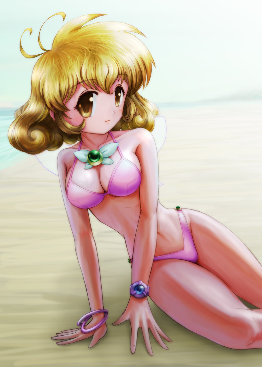 adapted_costume, bikini, blonde_hair, bracelet, brown_eyes, brown_hair, corrector_yui, highres
