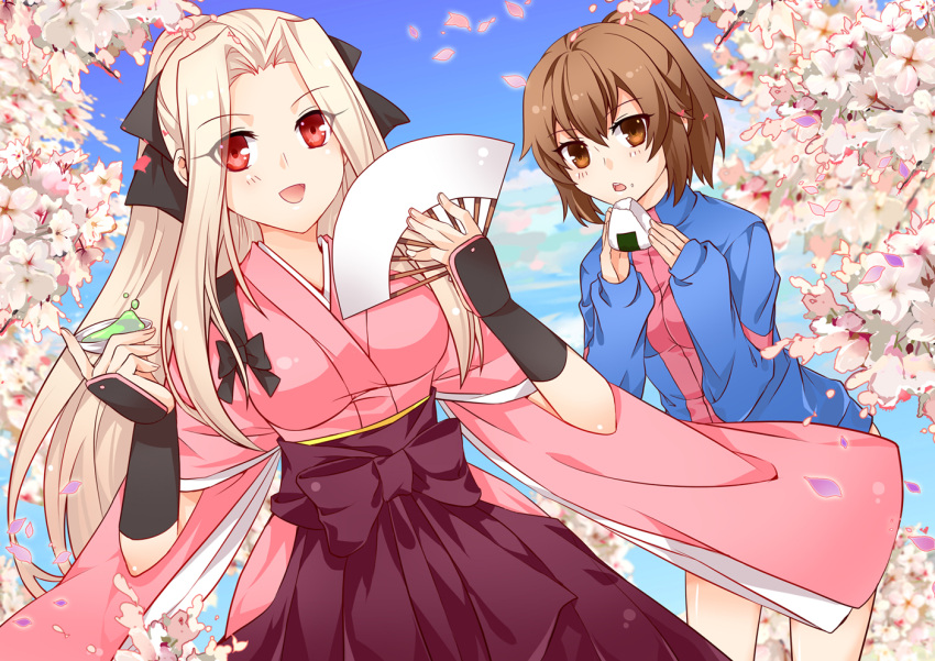 brown_eyes, brown_hair, buruma, cherry_blossoms, fan, fate/zero, fate_(series), folding_fan