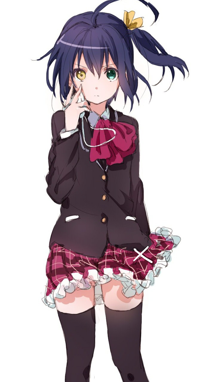 ahoge, aqua_eyes, black_legwear, blazer, chuunibyou_demo_koi_ga_shitai!, eyepatch, eyepatch_removed, hair_ribbon