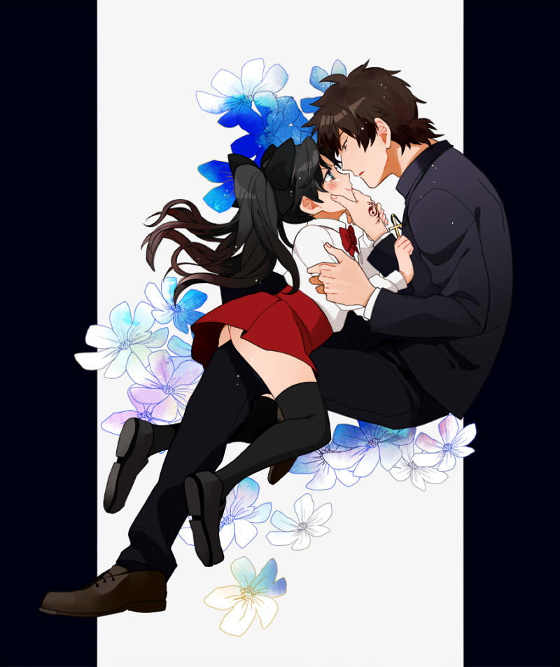 1girl, black_hair, black_legwear, blue_eyes, brown_hair, cheek_squash, child, command_spell, cross, cross_necklace, fate/zero, fate_(series), flower, hair_ribbon, jewelry, kotomine_kirei, long_hair, necklace, pillarboxed, polynosic, ribbon, thigh-highs, thighhighs, tohsaka_rin, toosaka_rin, twintails, young
