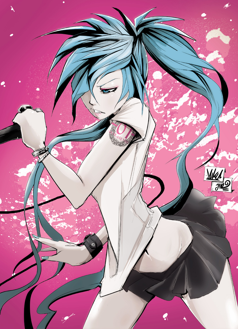 blue_eyes, blue_hair, bracelet, brancelet, hatsune_miku, jewelry, jinbei, long_hair, microphone, miniskirt, ring, singing, skirt, tatoo, tattoo, twintails, very_long_hair, vocaloid