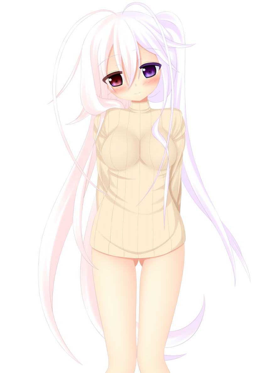 arms_behind_back, bare_legs, blush, heterochromia, highres, long_hair, masiroke, multicolored_hair