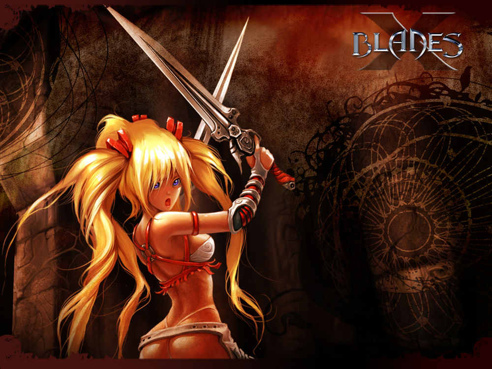 ass, ayumi_(x-blades), blonde_hair, chaps, dark_skin, dual_wield, elbow_gloves, gunblade, looking_back, midriff, official_art, open_mouth, panties, quad_tails, thong, very_long_hair, violet_eyes, wallpaper, x-blades
