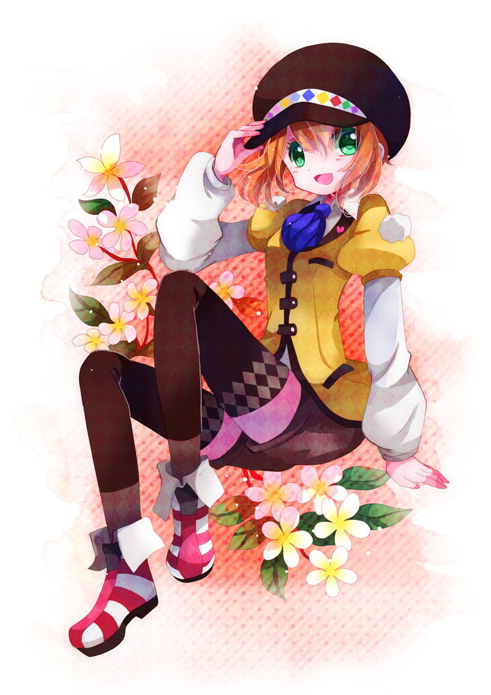 ascot, boots, brown_hair, efu, flower, green_eyes, hat, hat_tip