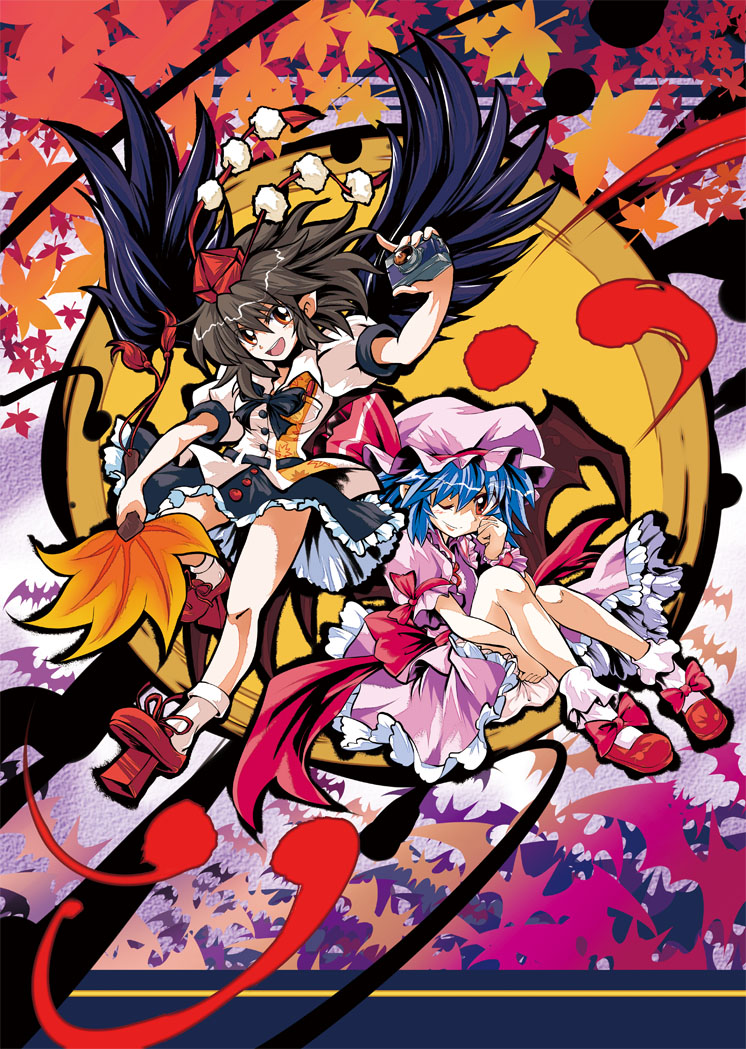 aji082, black_wings, blue_hair, bow, brown_hair, camera, dress, fan