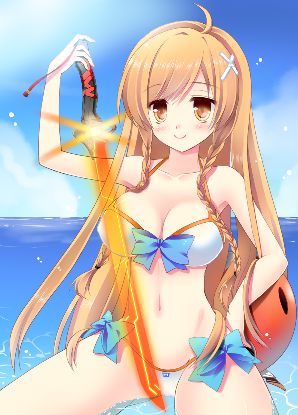 ahoge, bikini, blush, braid, breasts, brown_eyes, brown_hair, danny_choo_(website)