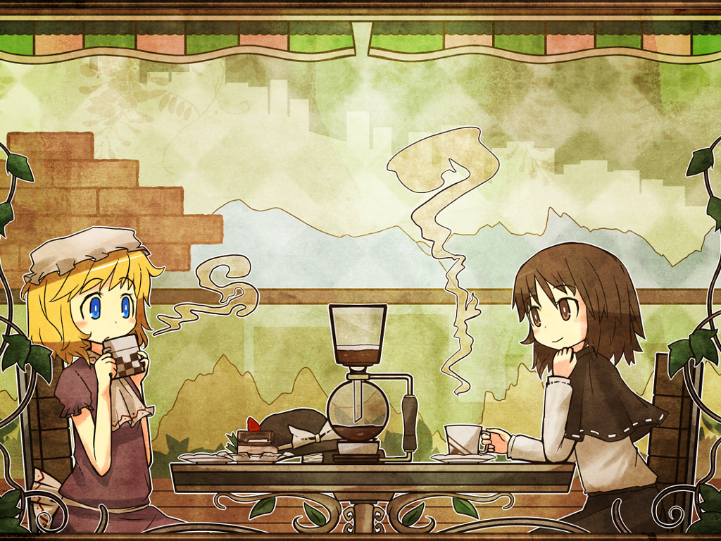 akihiyo, blonde_hair, blue_eyes, bow, brown_eyes, brown_hair, chair, coffee