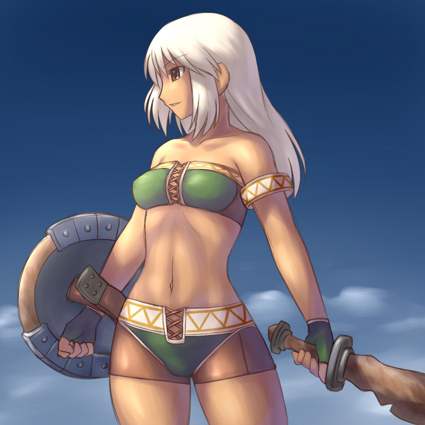 aaaa, armband, blue_background, brown_eyes, fingerless_gloves, gloves, highres, light_smile, long_hair, looking_at_viewer, midriff, monster_hunter, navel, profile, shield, short_shorts, shorts, sky, smile, solo, sword, tan, tubetop, weapon, white_hair