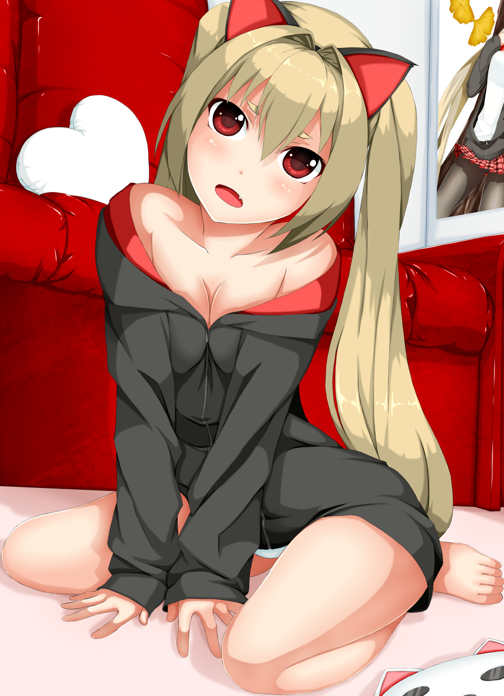 animal_ears, ayase_tamaki, barefoot, between_legs, blonde_hair, blush, breasts, cat_ears