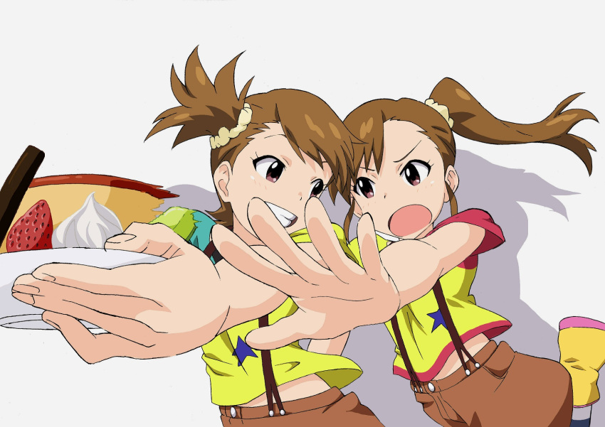 brown_eyes, brown_hair, dessert, food, foreshortening, futami_ami, futami_mami, grin