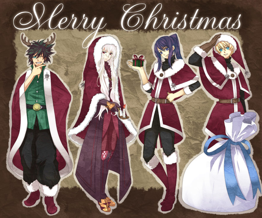 black_eyes, black_hair, blonde_hair, blue_eyes, candle, christmas, coat, duke_pantarei