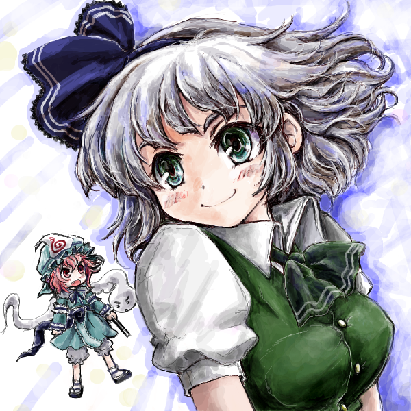 ascot, body_part_swap, breasts, bust, chibi, close-up, dress_shirt, face, ghost, green_eyes, hairband, hitodama, konpaku_youmu, konpaku_youmu_(ghost), multiple_girls, nanashii_(soregasisan), pink_eyes, pink_hair, saigyouji_yuyuko, shirt, short_hair, silver_hair, touhou, vest