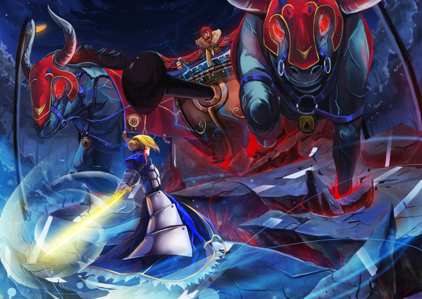 1girl, armor, armored_dress, beard, blonde_hair, breastplate, bull, excalibur