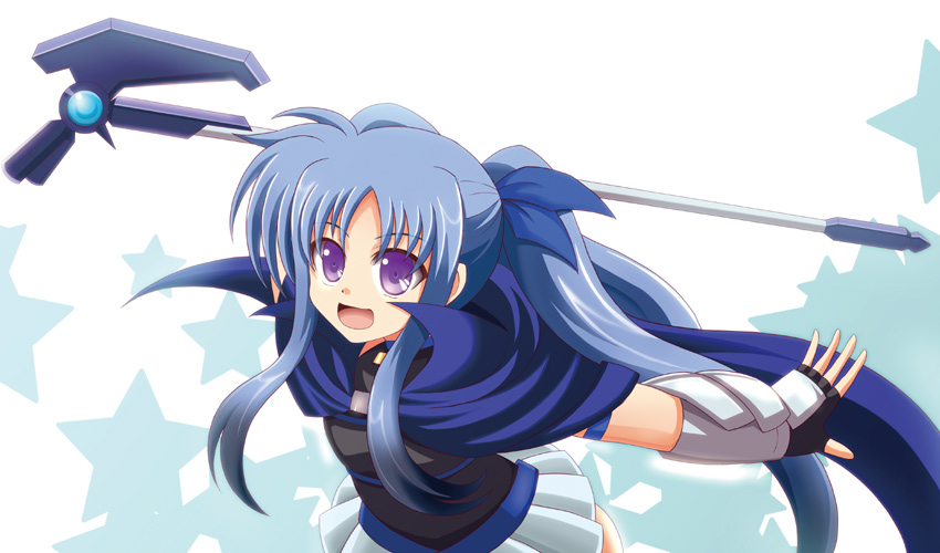 armor, azumaya_hironaru, blue_hair, cape, fingerless_gloves, gauntlets, gloves, hair_ribbon