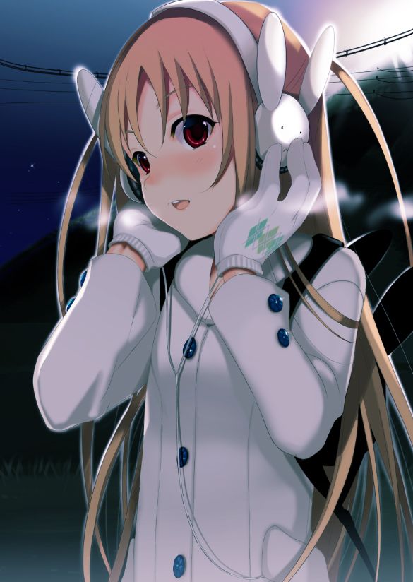 1girl, backpack, bag, blonde_hair, blush, breath, brown_eyes, bunny_headphones, coat, gloves, hands_on_headphones, jacket, long_hair, male, night, open_mouth, original, rabbit_headphones, smile, solo, trap, udk, winter, winter_clothes