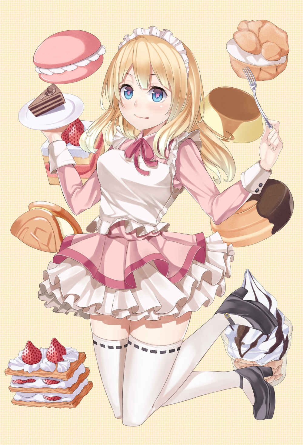 blonde_hair, cake, chocolate_cake, dress, flower, food, fruit, headdress