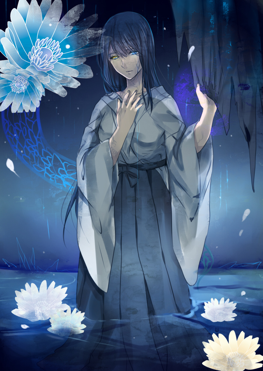 black_hair, blue_eyes, blush, fatal_frame, fatal_frame_3, flower, hakama, highres