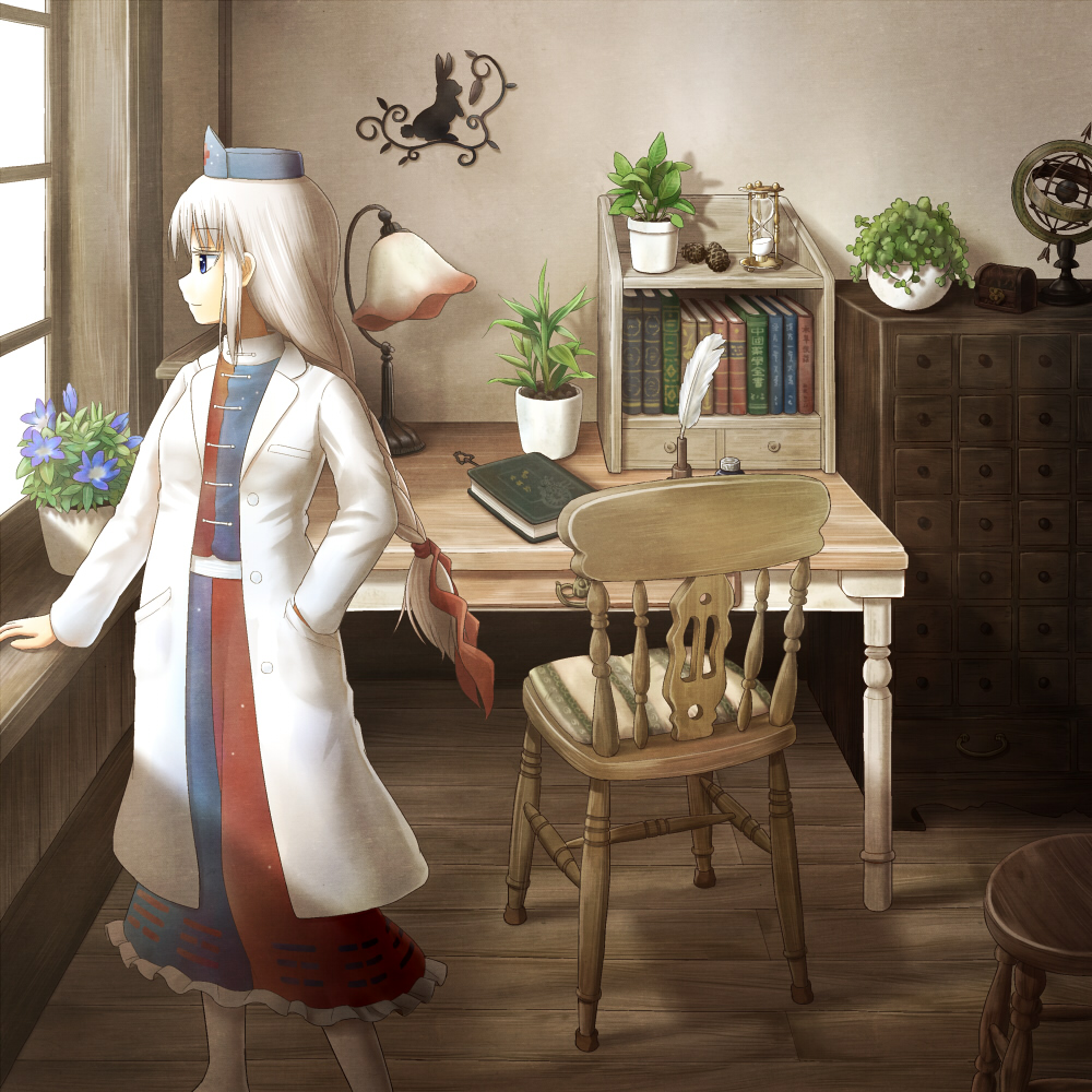 blue_eyes, book, braid, chair, desk, dress, flower, hat