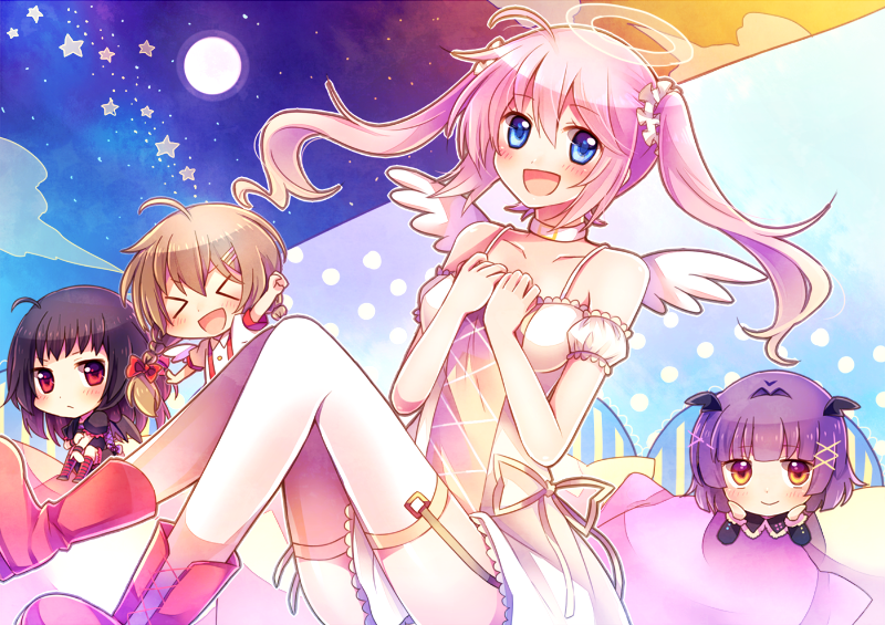 >_<, :d, ahoge, angel, arm_up, bad_id, bare_shoulders, black_legwear, blue_eyes, blush, brown_eyes, brown_hair, collarbone, dress, garter_straps, halo, head_wings, looking_at_viewer, moe_on_drop, moon, multiple_girls, open_mouth, original, pink_hair, purple_hair, red_eyes, ribbon_choker, short_hair, smile, smiles, star, thigh-highs, thigh_strap, thighhighs, twintails, vertical-striped_legwear, vertical_stripes, white_legwear, wings
