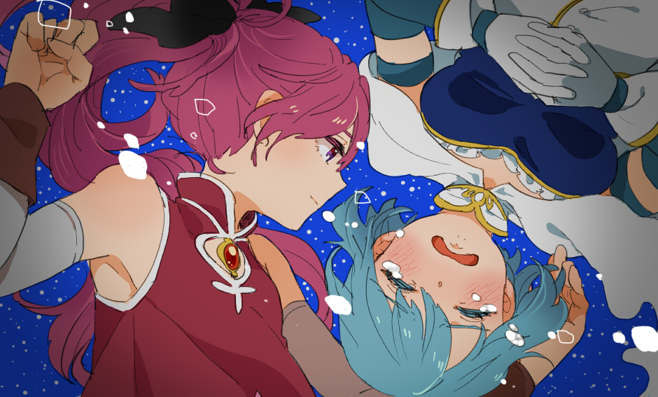blue_hair, blush, cape, closed_eyes, eyes_closed, gloves, long_hair, magical_girl, mahou_shoujo_madoka_magica, miki_sayaka, mikkabouzu_(kisarisa), multiple_girls, ponytail, red_eyes, red_hair, redhead, sakura_kyouko, short_hair, tears, white_gloves