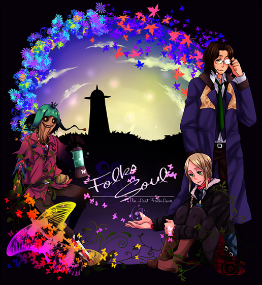 blonde_hair, boots, braid, brown_hair, ellen_(folkssoul), female, folkssoul, glasses, green_eyes, keats, lantern, lighthouse, long_hair, male, necktie, pantyhose, scarecrow, scarecrow_(folkssoul), short_hair, single_braid, sitting, skirt, suzuna_mutuki, trenchcoat