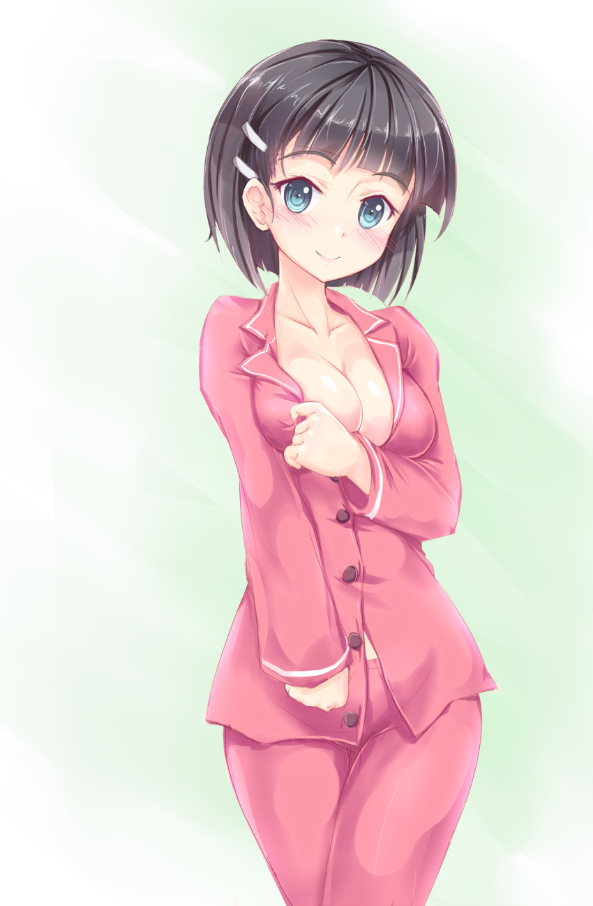 black_hair, blue_eyes, blush, breasts, cleavage, hair_ornament, hairclip, highres