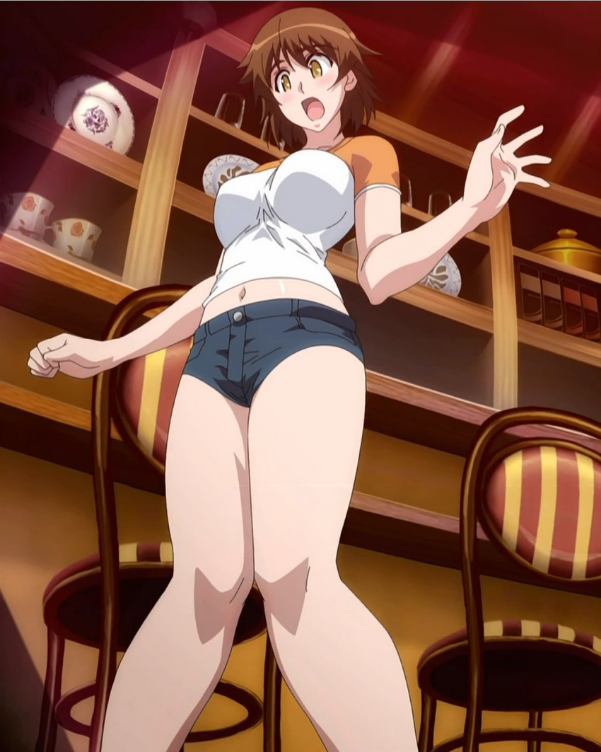 blush, brown_eyes, brown_hair, cap, hotpants, kamigamo_jun, natsu_no_arashi, solo