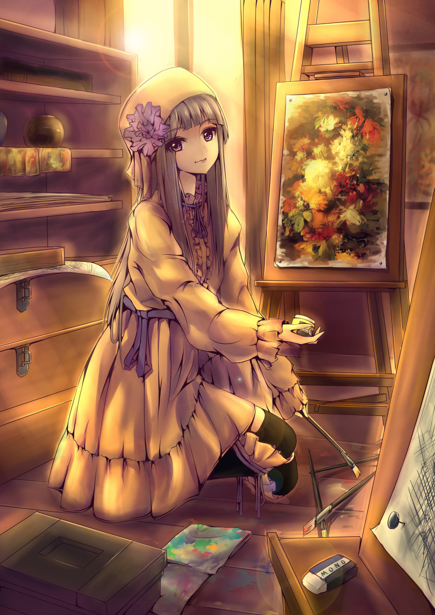 absurdres, black_hair, black_legwear, curtains, dress, easel, eraser, hat
