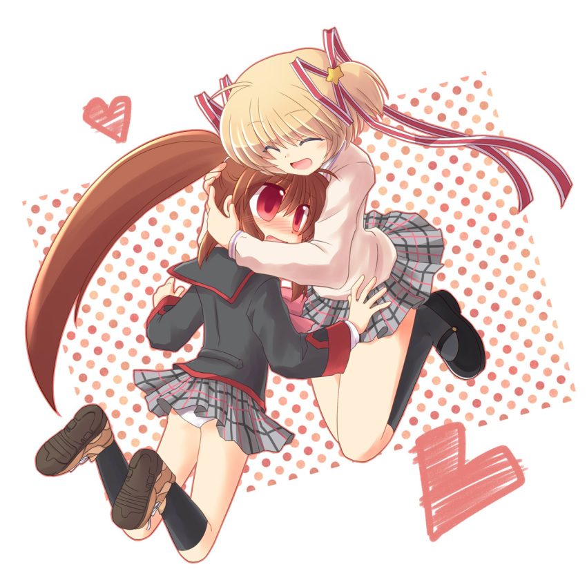 blonde_hair, brown_hair, closed_eyes, eyes_closed, highres, hug, kamikita_komari, little_busters!!, long_hair, multiple_girls, natsume_rin, panties, pantyshot, plaid, plaid_skirt, ponytail, red_eyes, ryuuga_nanamaru, school_uniform, short_hair, skirt, underwear