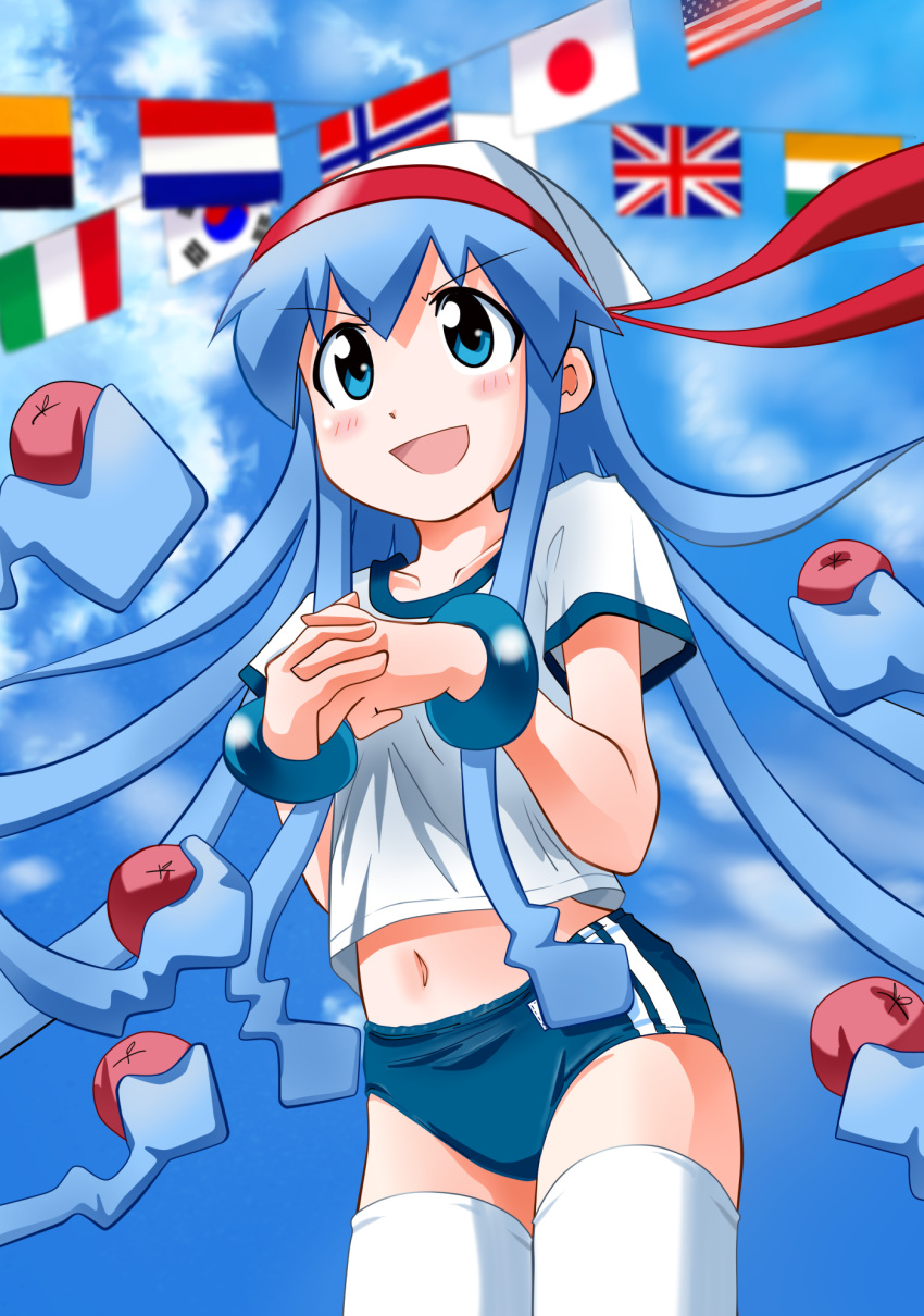 alternate_costume, american_flag, apple, blue_eyes, blue_hair, blush, bracelet, buruma