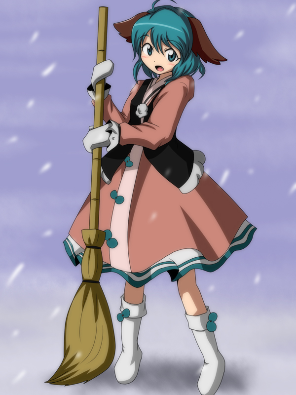 ahoge, animal_ears, blush, boots, broom, dress, fang, green_eyes