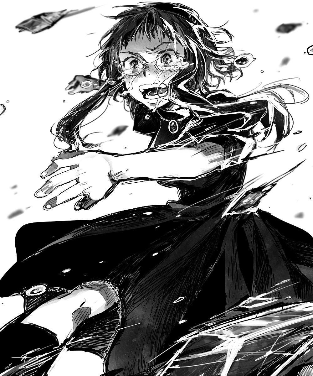 black_dress, crying, crying_with_eyes_open, dress, ehoumaki_otoko, fighting_stance, glasses, highres