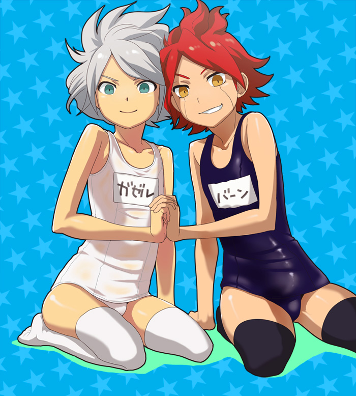bahn_auto, crossdressing, crossdressinging, gazelle, green_eyes, hand_holding, holding_hands, inazuma_eleven, kikuchi_mataha, kkc, multiple_boys, nagumo_haruya, one-piece_swimsuit, red_hair, redhead, school_swimsuit, shota, silver_hair, suzuno_fuusuke, swimsuit, thigh-highs, thighhighs, trap, white_school_swimsuit, yellow_eyes