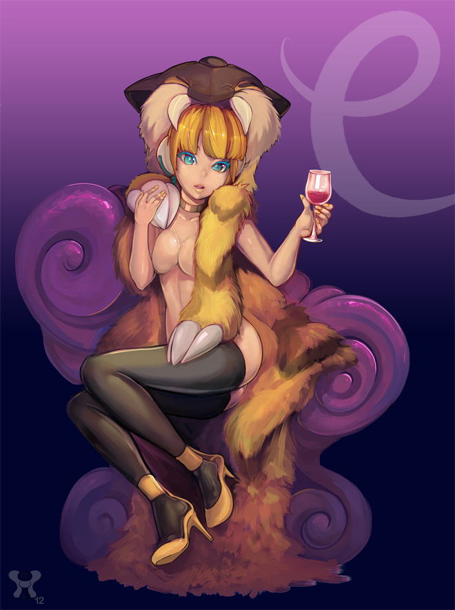 alternate_legwear, blonde_hair, blue_eyes, breasts, choker, cleavage, cup, fingernails, fur, gradient, gradient_background, headphones, high_heels, hime_cut, kamitsure_(pokemon), long_fingernails, milkink, nail_polish, open_mouth, parted_lips, pokemon, pokemon_(game), pokemon_bw, raikou, shoes, short_hair, solo, thigh-highs, thighhighs, wine, wine_glass