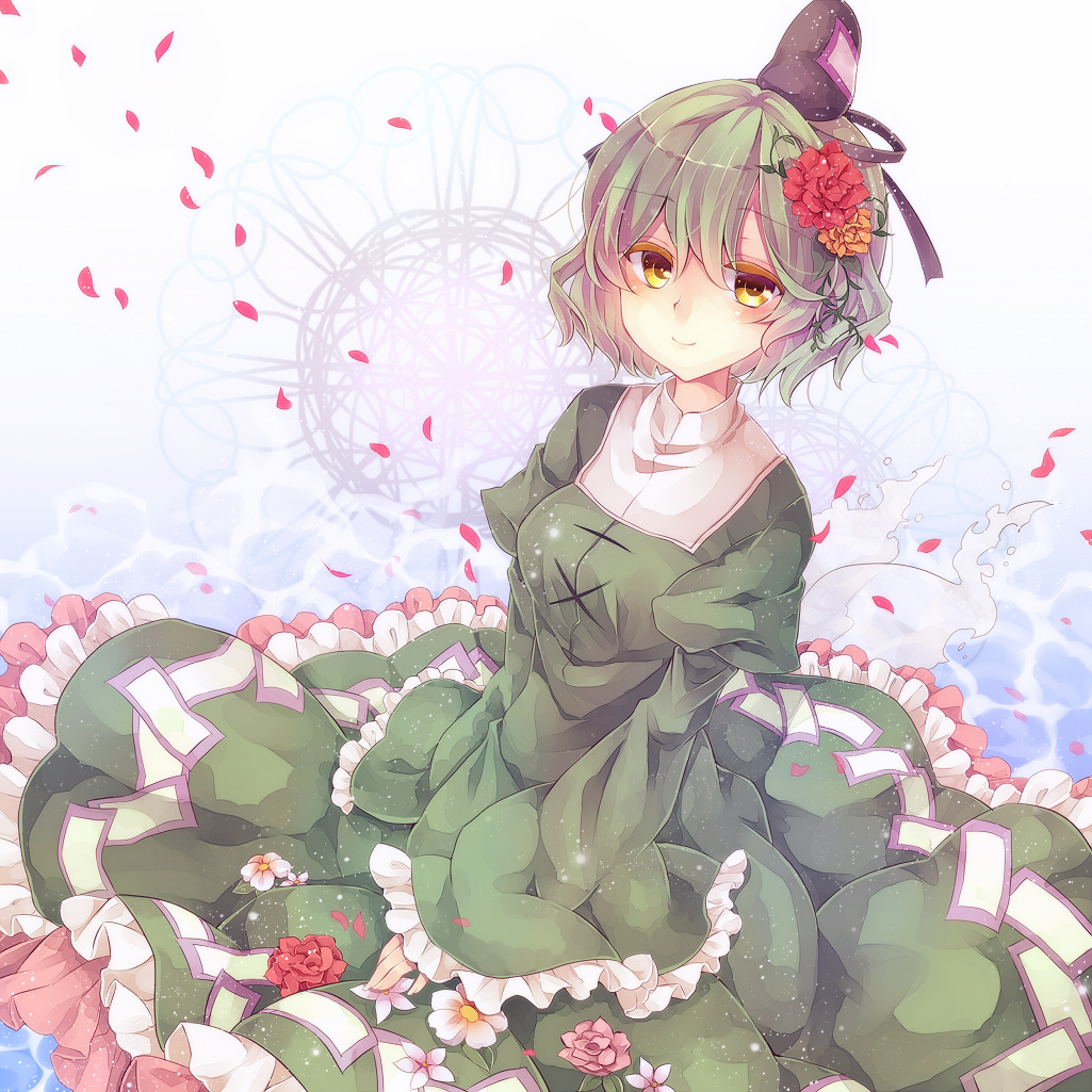 blush, dress, flower, green_dress, green_hair, hair_ornament, hat, japanese_clothes