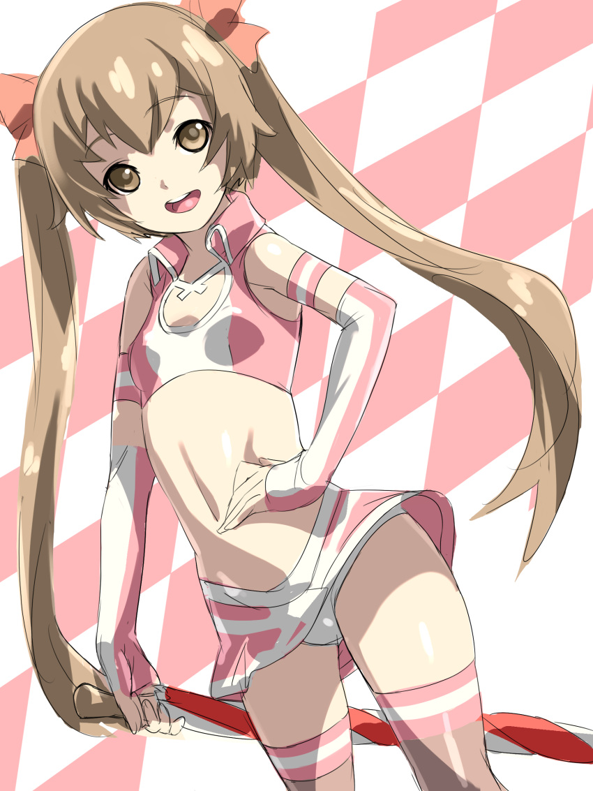 absurdres, bare_shoulders, brown_eyes, brown_hair, character_request, checkered, chousoku_henkei_gyrozetter, detached_sleeves, dodai_shouji, flat_chest, highres, long_hair, midriff, navel, open_mouth, race_queen, racequeen, smile, solo, thigh-highs, thighhighs, tsukisato_kirari, very_long_hair