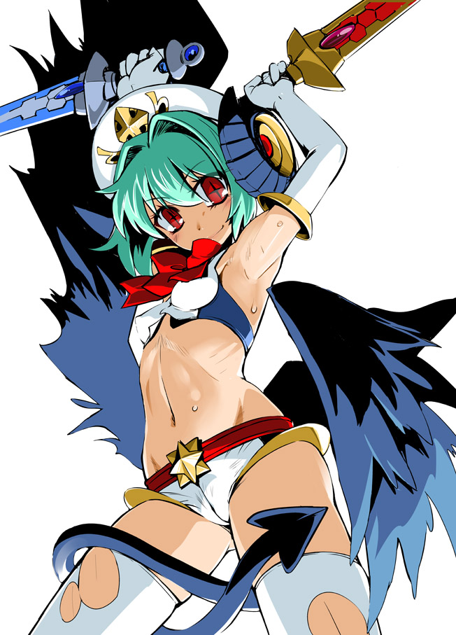1girl, aqua_hair, arcana_trust, armpits, arms_up, dual_wielding, from_below, hat, horns, looking_at_viewer, red_eyes, sasayuki, shinrabanshou, short_hair, short_shorts, shorts, simple_background, smile, solo, star, sweat, sword, tail, thigh-highs, thighhighs, torn_thighhighs, weapon, white_background, white_legwear, wings