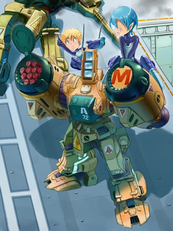 alien, antennae, armor, battle, blonde_hair, blue_hair, blush, bodysuit