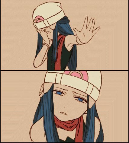 blue_eyes, blue_hair, facepalm, flat_color, frown, hat, head_tilt, hikari_(pokemon)